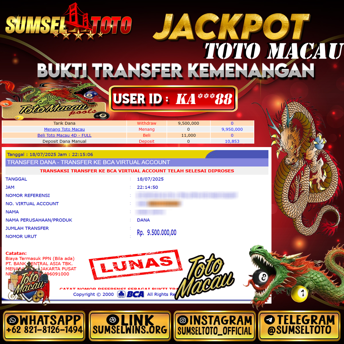 SUMSELTOTO JACKPOT TOGEL TOTO MACAU Rp.9500000.,- LUNAS